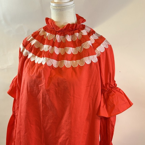 Cynthia Rowley | Coral Mock Neck Long Sleeve Ruffle Embroidered Dress | Small - Picture 4 of 14